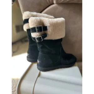 UGG Australia Suede Boots Shearling Cuff Buckle Accent Black Women's Size 7