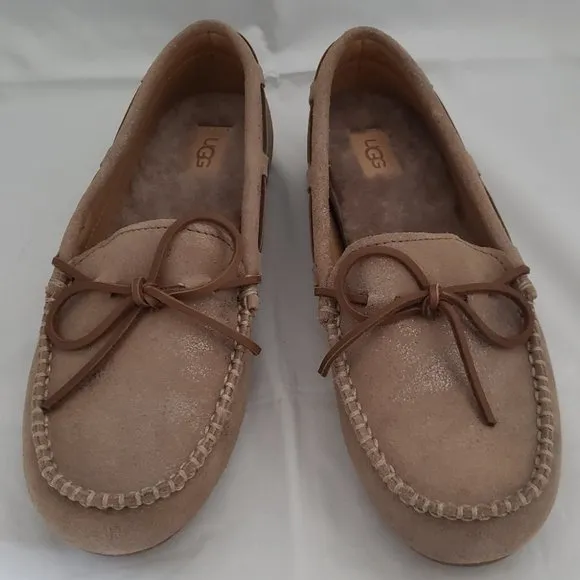 UGG Beige Shimmering Moccasins Slippers Bow Extra Insole sz 5 36 New
