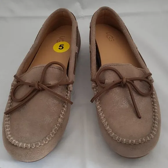 UGG Beige Shimmering Moccasins Slippers Bow Extra Insole sz 5 36 New
