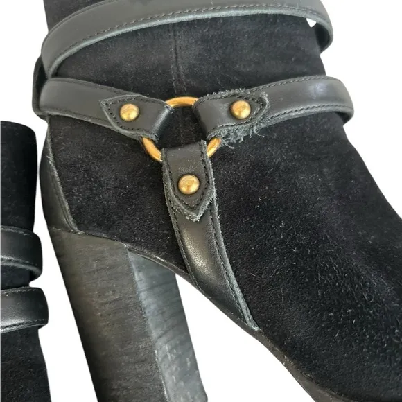 UGG Black Leather and Suede Heeled Harness