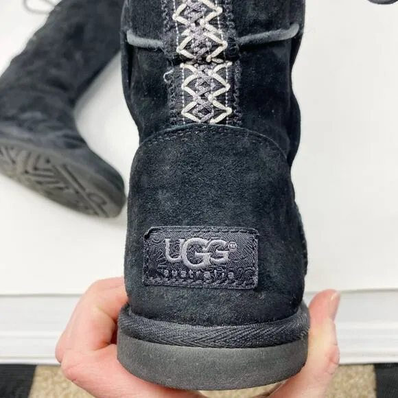 Ugg Black Suede Tasman Flat Boots Women's Size 8 Lace Up Back Shearling Footbed