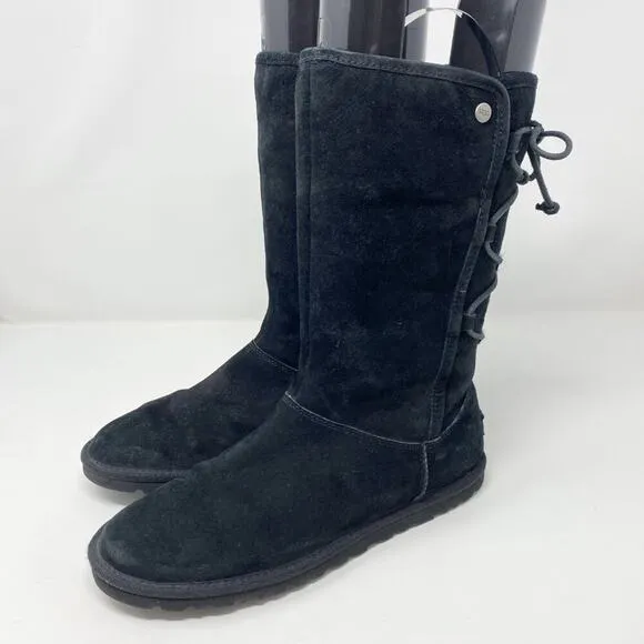 Ugg Black Suede Tasman Flat Boots Women's Size 8 Lace Up Back Shearling Footbed