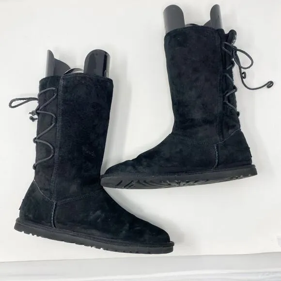 Ugg Black Suede Tasman Flat Boots Women's Size 8 Lace Up Back Shearling Footbed
