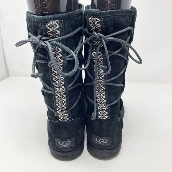 Ugg Black Suede Tasman Flat Boots Women's Size 8 Lace Up Back Shearling Footbed