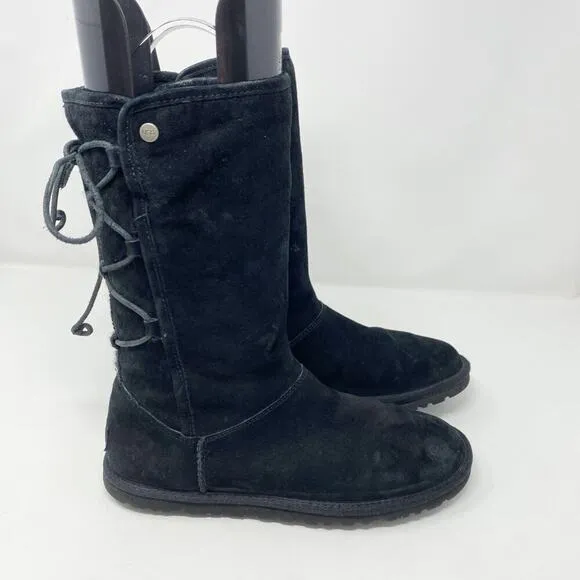 Ugg Black Suede Tasman Flat Boots Women's Size 8 Lace Up Back Shearling Footbed