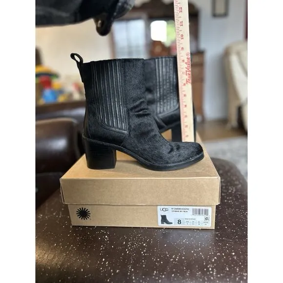 UGG Camden Exotic Black Heeled Booties sz 8 Faux Cow Hide Furry Boots High Heel