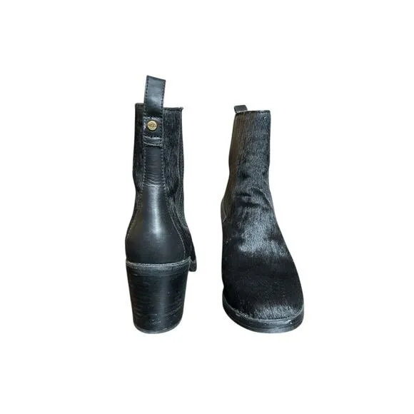 UGG Camden Exotic Black Heeled Booties sz 8 Faux Cow Hide Furry Boots High Heel