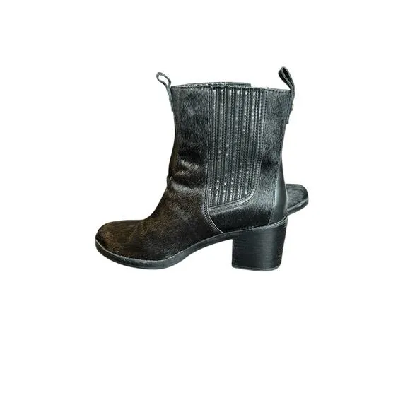 UGG Camden Exotic Black Heeled Booties sz 8 Faux Cow Hide Furry Boots High Heel