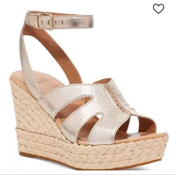 UGG® Careena Platform Wedge Espadrille Sandals Gold NEW