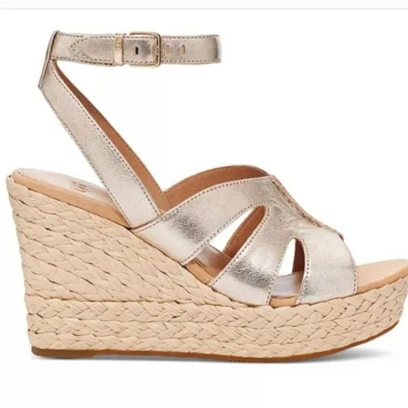 UGG® Careena Platform Wedge Espadrille Sandals Gold NEW
