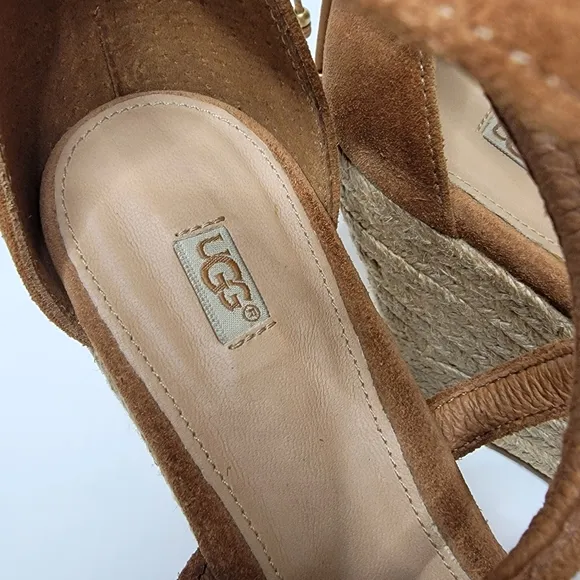 UGG Reagan Open Toe Anklestrap Tan Suede Espadrille Platform Wedges 9.5