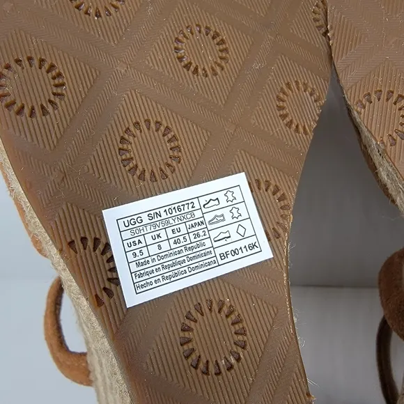 UGG Reagan Open Toe Anklestrap Tan Suede Espadrille Platform Wedges 9.5