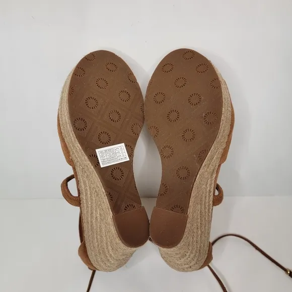 UGG Reagan Open Toe Anklestrap Tan Suede Espadrille Platform Wedges 9.5