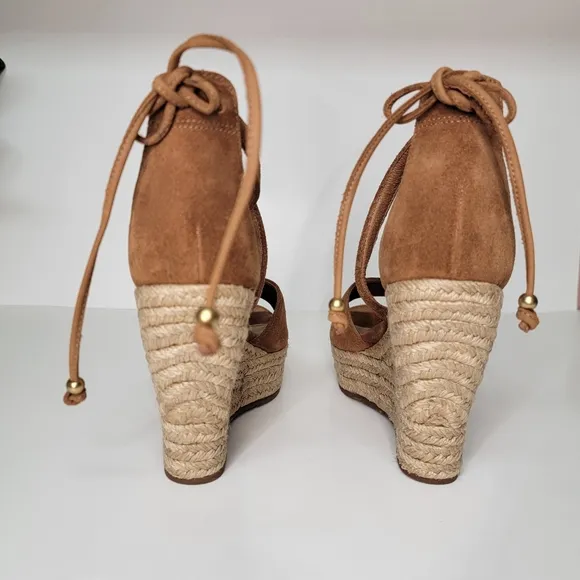 UGG Reagan Open Toe Anklestrap Tan Suede Espadrille Platform Wedges 9.5