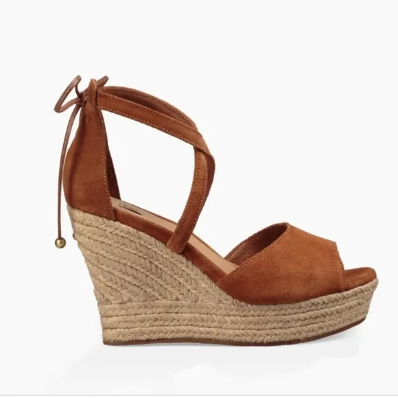 UGG Reagan Open Toe Anklestrap Tan Suede Espadrille Platform Wedges 9.5