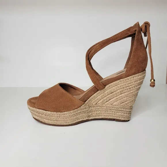 UGG Reagan Open Toe Anklestrap Tan Suede Espadrille Platform Wedges 9.5