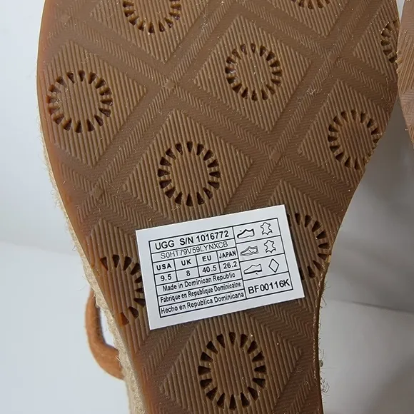 UGG Reagan Open Toe Anklestrap Tan Suede Espadrille Platform Wedges 9.5