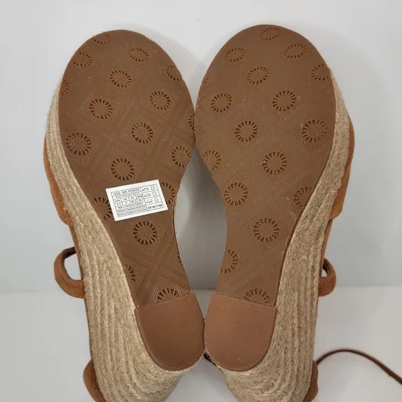 UGG Reagan Open Toe Anklestrap Tan Suede Espadrille Platform Wedges 9.5