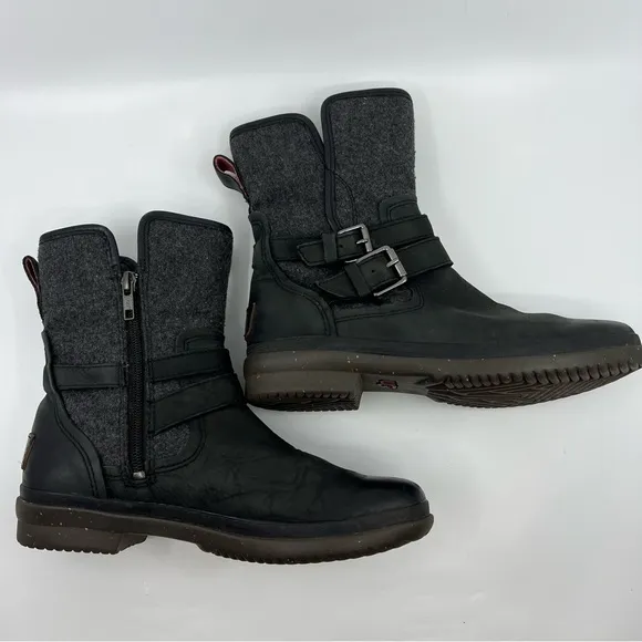 UGG Simmens Black leather canvas moto boots size 6.5‎