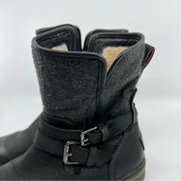 UGG Simmens Black leather canvas moto boots size 6.5‎