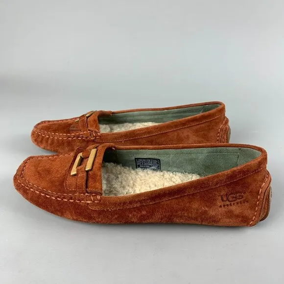 UGG Womens Suede Shearling Lined Driving Moccasins Loafers Size 9.5 Rust Brown