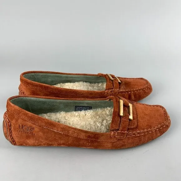 UGG Womens Suede Shearling Lined Driving Moccasins Loafers Size 9.5 Rust Brown