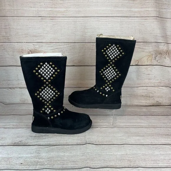 UGG Womens Sz 8 Avondale Tall Studded Boots Black Gold Silver
