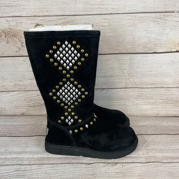 UGG Womens Sz 8 Avondale Tall Studded Boots Black Gold Silver