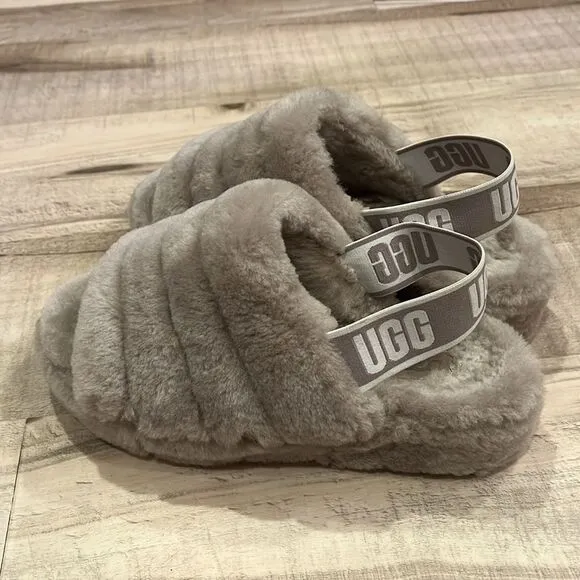 Ugg fluff yeah goat slide sheepskin slingback slipper shoes size 6 ash fog color