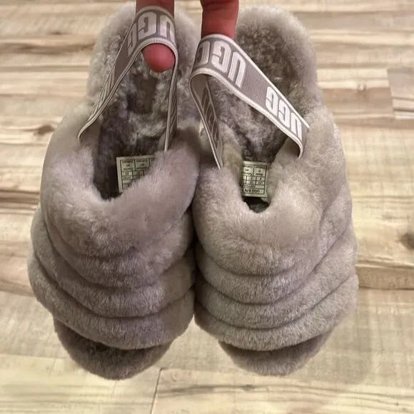Ugg fluff yeah goat slide sheepskin slingback slipper shoes size 6 ash fog color