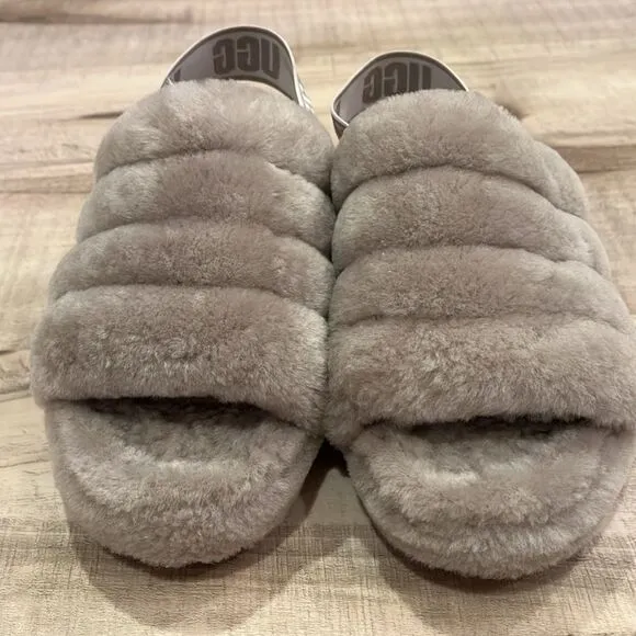 Ugg fluff yeah goat slide sheepskin slingback slipper shoes size 6 ash fog color