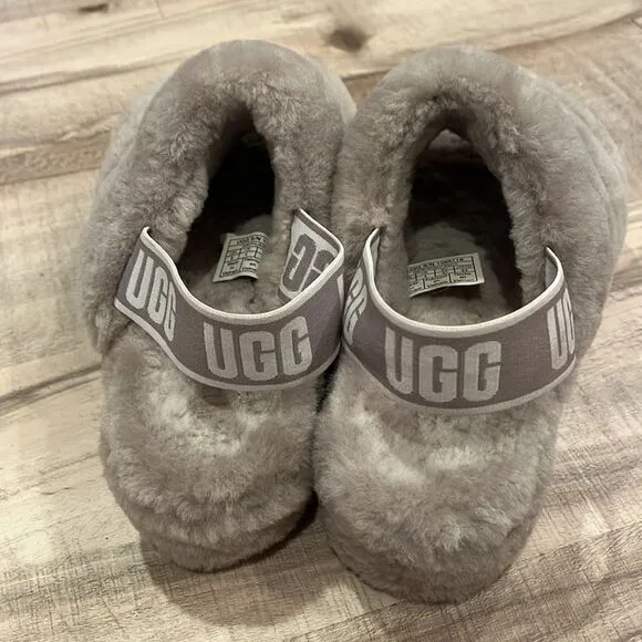 Ugg fluff yeah goat slide sheepskin slingback slipper shoes size 6 ash fog color