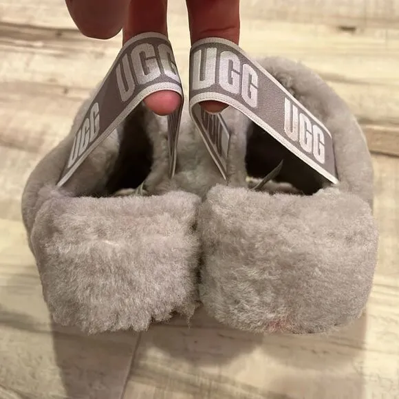 Ugg fluff yeah goat slide sheepskin slingback slipper shoes size 6 ash fog color