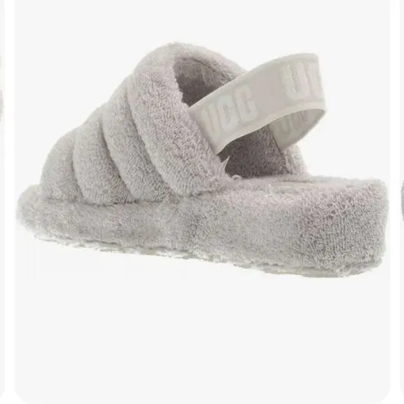 Ugg fluff yeah goat slide sheepskin slingback slipper shoes size 6 ash fog color