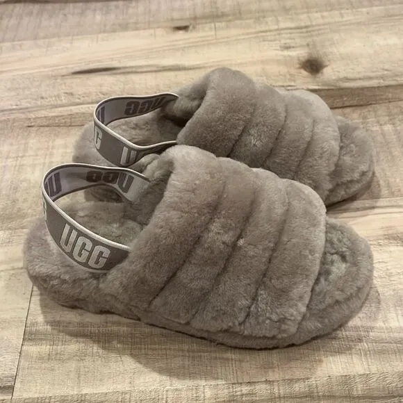 Ugg fluff yeah goat slide sheepskin slingback slipper shoes size 6 ash fog color