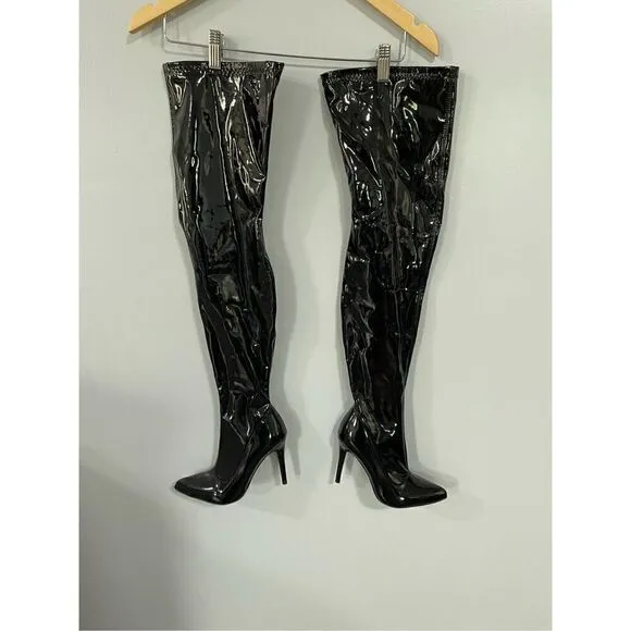 Unbranded Women’s EU 36 US 6 Latex Black Knee High Heeled Boots Stiletto