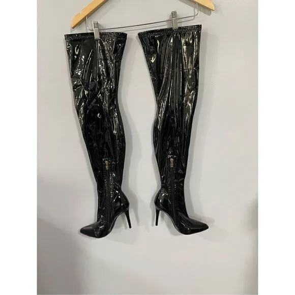 Unbranded Women’s EU 36 US 6 Latex Black Knee High Heeled Boots Stiletto
