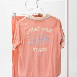 Understated Leather Lucky Stars Sleepwear Pajama SET in Blush Pink Satin Sheen