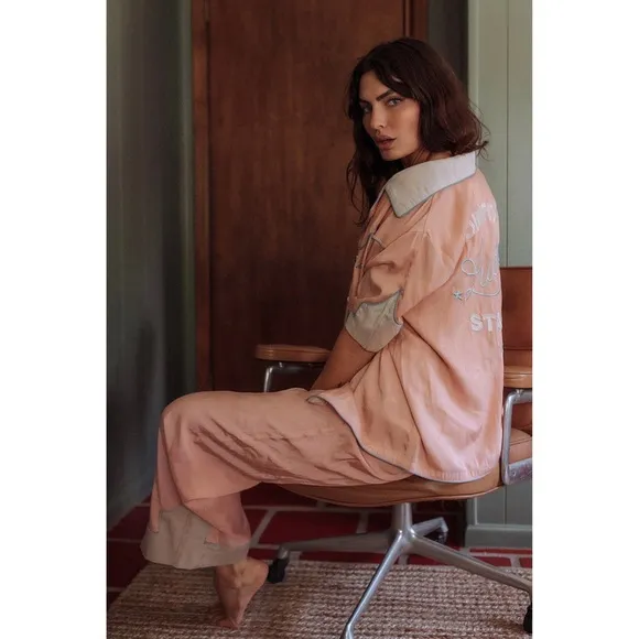 Understated Leather Lucky Stars Sleepwear Pajama SET in Blush Pink Satin Sheen