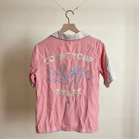 Understated Leather Lucky Stars Sleepwear Pajama SET in Blush Pink Satin Sheen