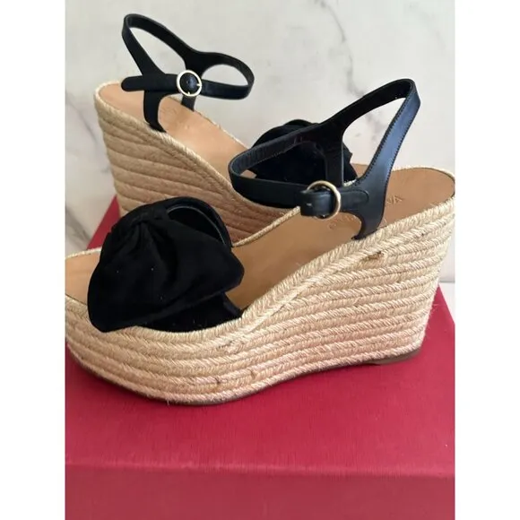 VALENTINO Tropical Bow Suede Platform Espadrille Wedges Sandals Size 37.5