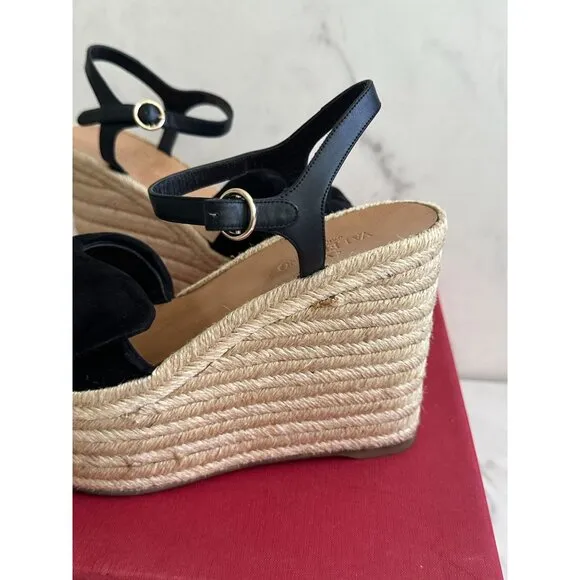 VALENTINO Tropical Bow Suede Platform Espadrille Wedges Sandals Size 37.5