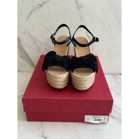 VALENTINO Tropical Bow Suede Platform Espadrille Wedges Sandals Size 37.5