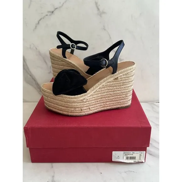 VALENTINO Tropical Bow Suede Platform Espadrille Wedges Sandals Size 37.5