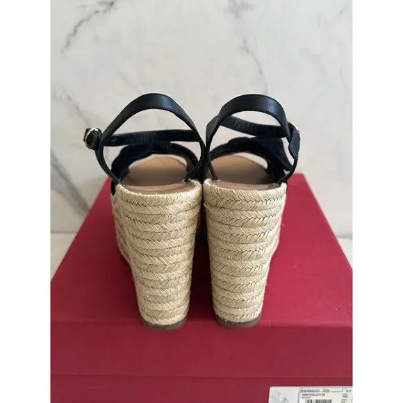 VALENTINO Tropical Bow Suede Platform Espadrille Wedges Sandals Size 37.5