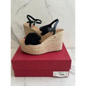 VALENTINO Tropical Bow Suede Platform Espadrille Wedges Sandals Size 37.5