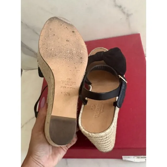 VALENTINO Tropical Bow Suede Platform Espadrille Wedges Sandals Size 37.5