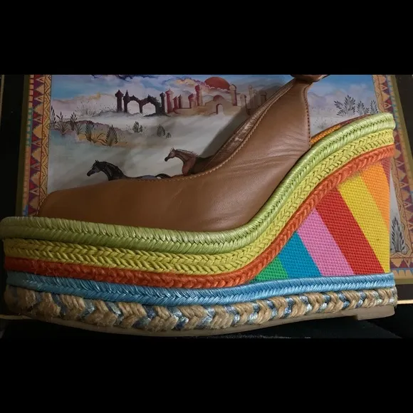 VALENTINOMulticolor Rainbow Leather/Canvas 1973 Espadrille Slingback Wedges 37