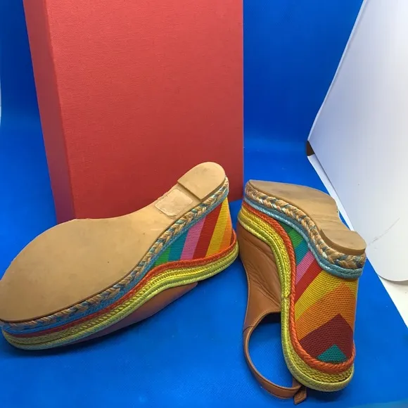 VALENTINOMulticolor Rainbow Leather/Canvas 1973 Espadrille Slingback Wedges 37