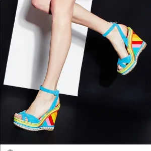 VALENTINOMulticolor Rainbow Leather/Canvas 1973 Espadrille Slingback Wedges 37
